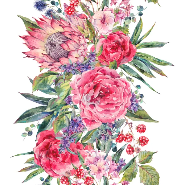 Akwarela bukiet róż, protea i polne kwiaty — Zdjęcie stockowe