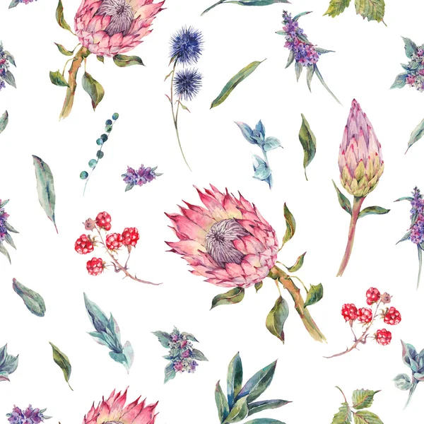 Watercolor seamless pattern with roses, protea and wildflowers — ストック写真