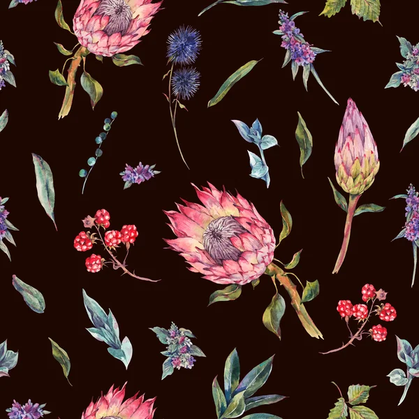 Watercolor seamless pattern with roses, protea and wildflowers — Stock fotografie