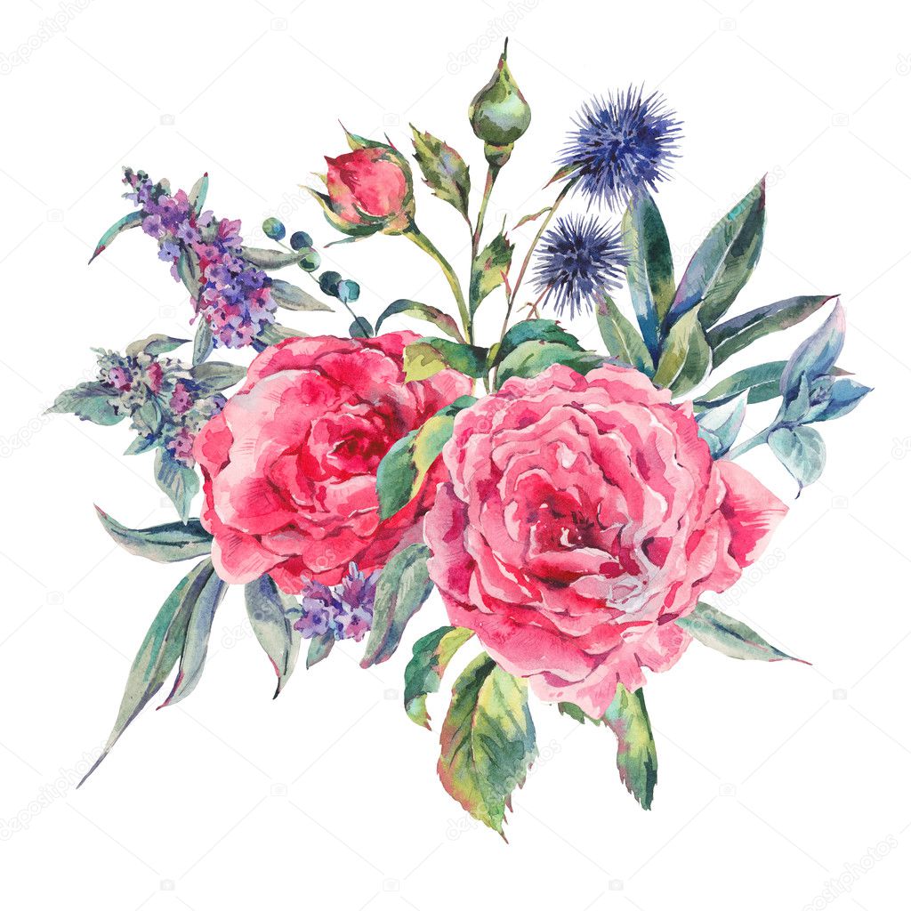 Watercolor bouquet di rose e fiori di campo — foto stock © depiano ... Rose e fiori