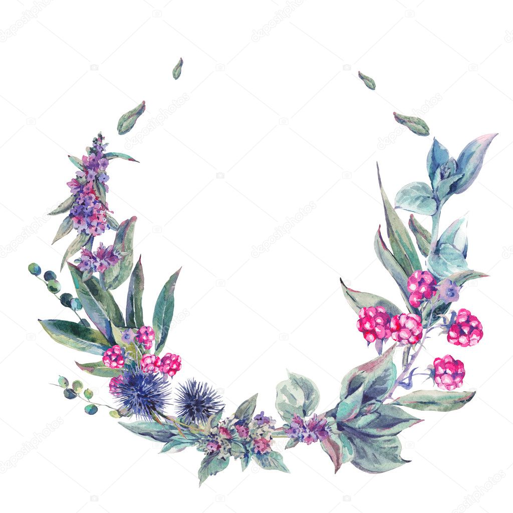 Watercolor floral wreath, vintage design element of wildflowers