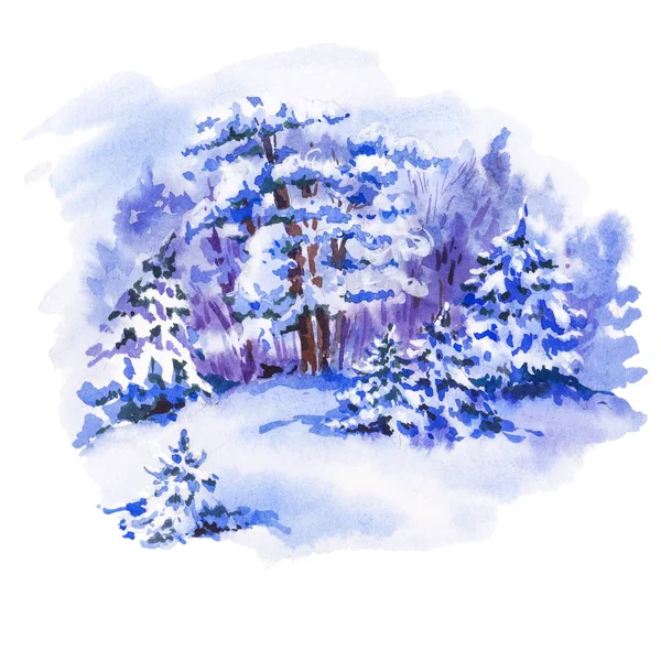 Christmas watercolor greeting card with winter landscape — Stock Photo, Image