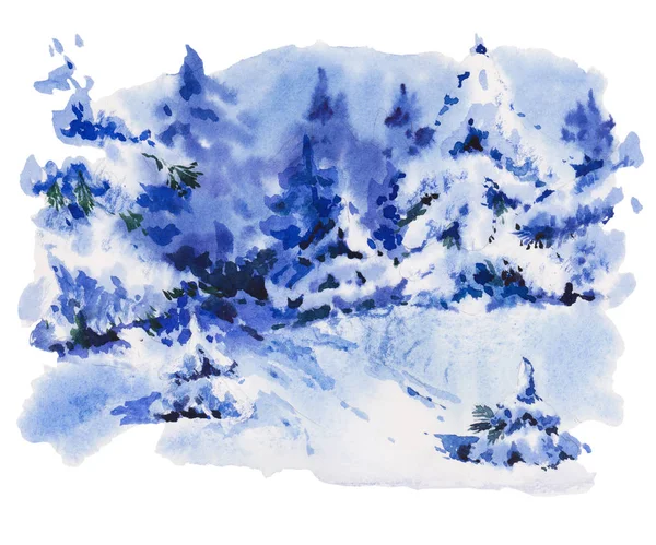 Christmas watercolor greeting card with winter landscape — Stock Photo, Image