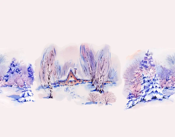 Watercolor seamless border with winter landscape — Stock Photo, Image