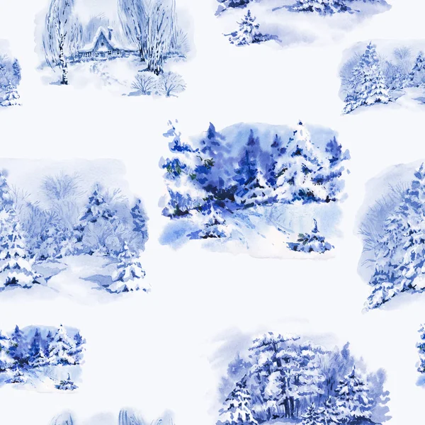 Watercolor seamless border with winter landscape — Stock Photo, Image