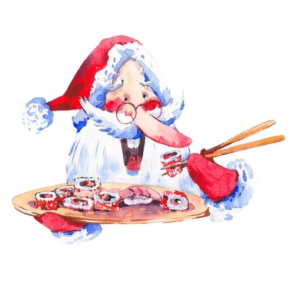 Kerstman met sushi en rollen — Stockfoto