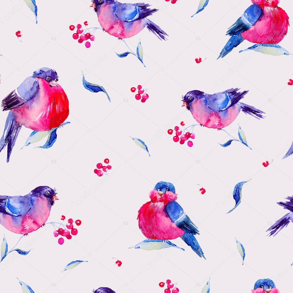 Watercolor seamless pattern with bullfinches
