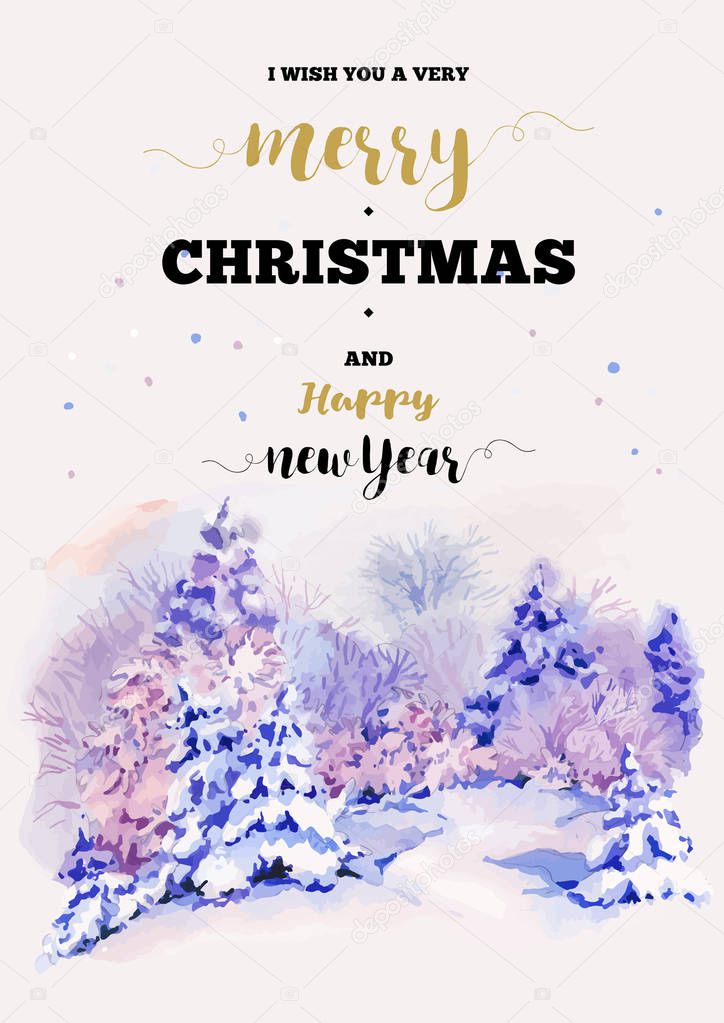 Christmas vertical frame vector card with winter landscape greet