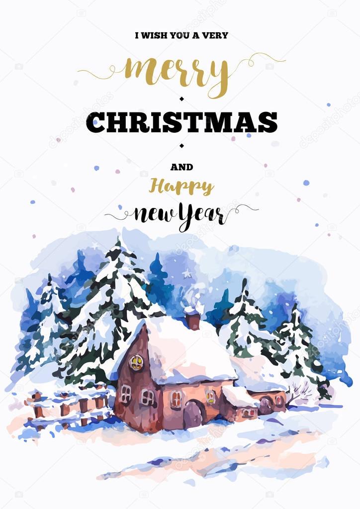 Christmas vertical frame vector card with winter landscape greet