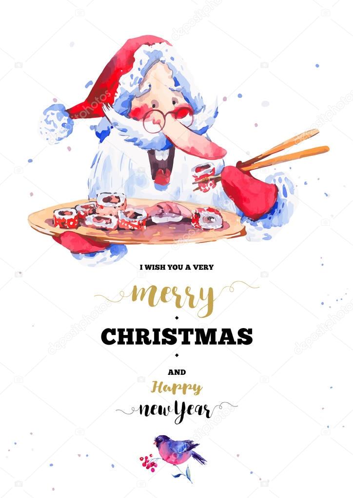 Funny Santa Claus with sushi and rolls