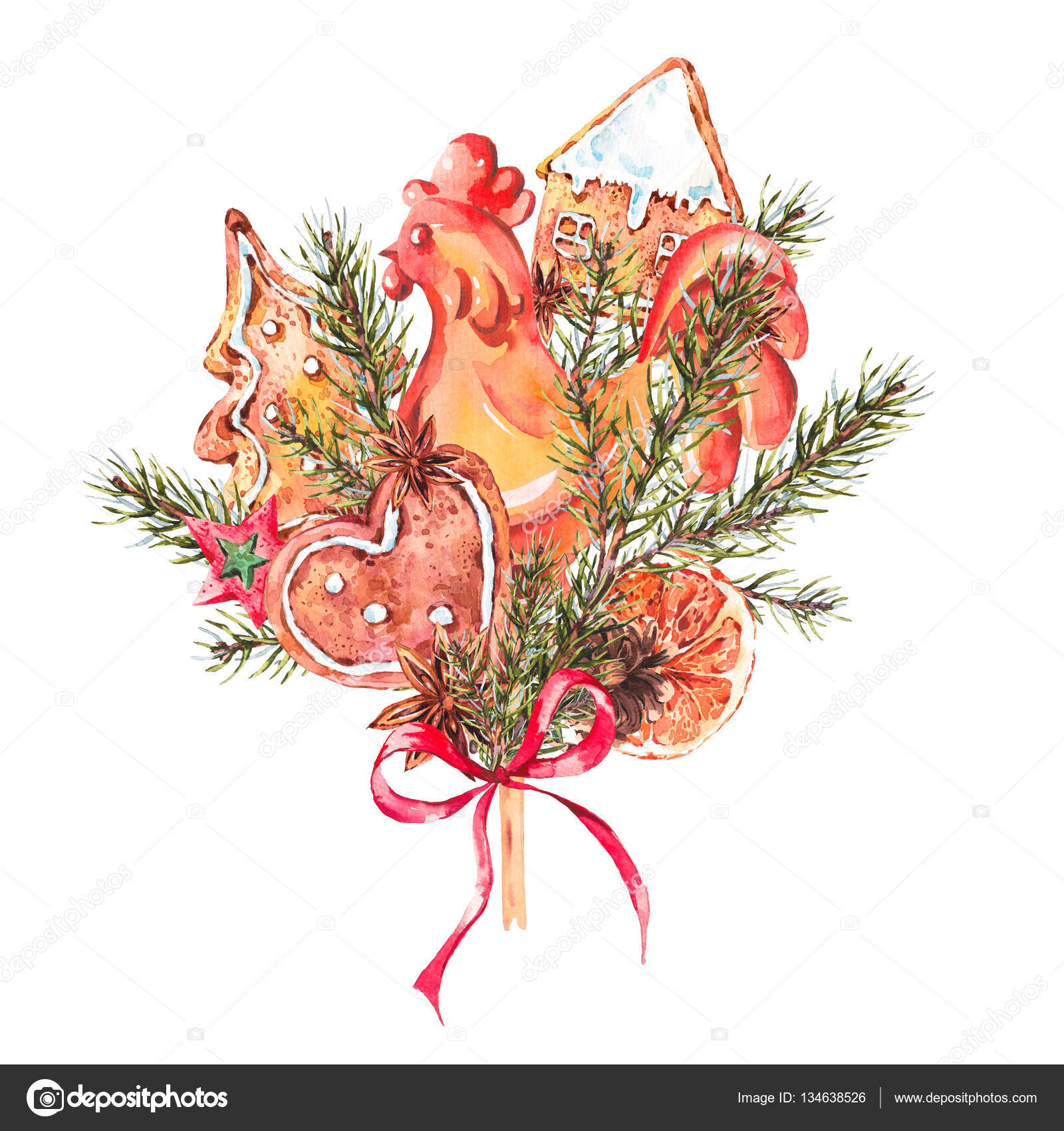 Mazzo di Natale dell acquerello di Pan di zenzero rami di abete lecca lecca Gallo sul bastone decorazione di Capodanno gli elementi di disegno di festa