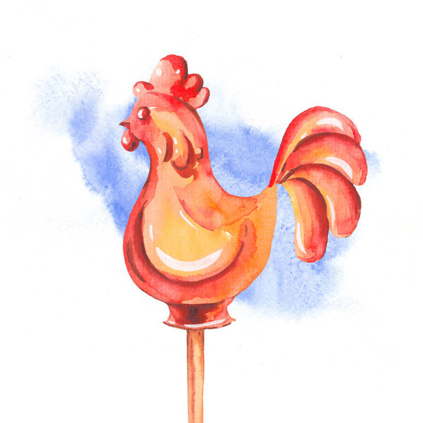 Watercolor rooster lollipop on stick