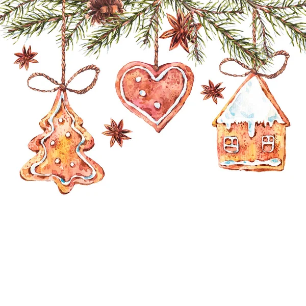 Watercolor sweet Christmas gingerbread cookies — Stock Photo, Image