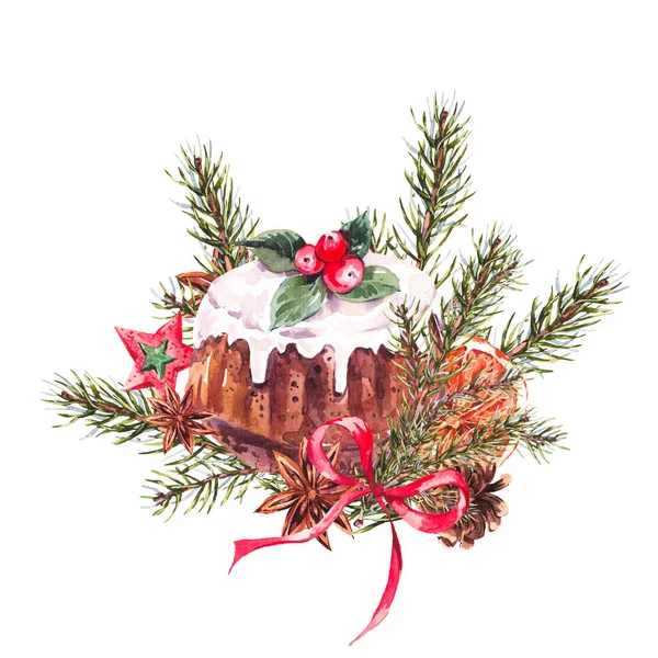 冬青树水彩圣诞蛋糕 — 图库照片