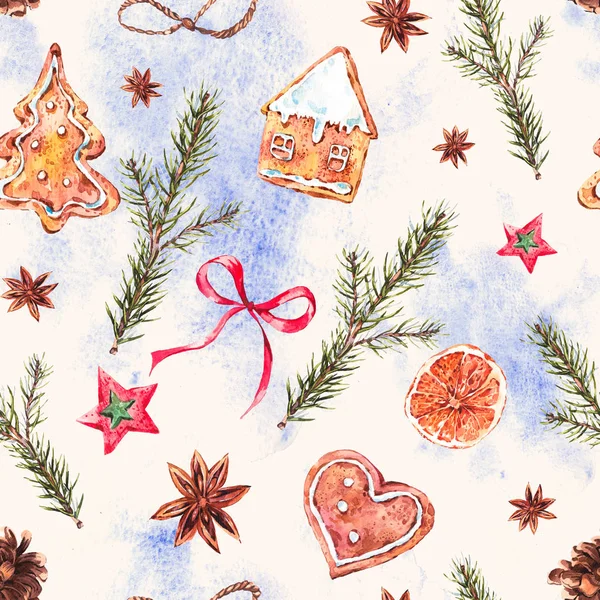 Watercolor Christmas seamless pattern with gingerbread cookies — Stock Photo, Image