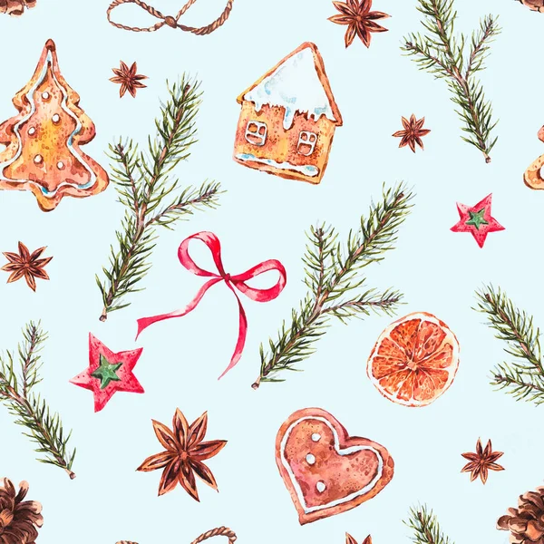 Akvarell jul sömlösa mönster med pepparkakor — Stockfoto
