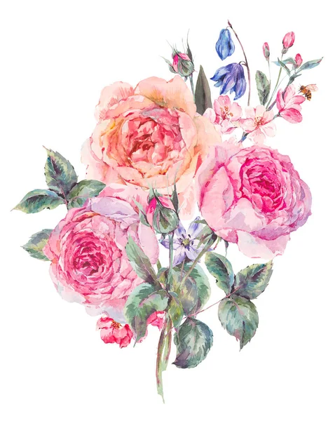 Watercolor spring bouquet with blooming cherry and english roses — Stock Photo, Image