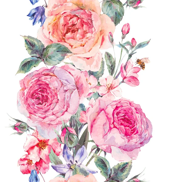 Aquarelle printemps frontière sans couture avec des roses anglaises — Photo