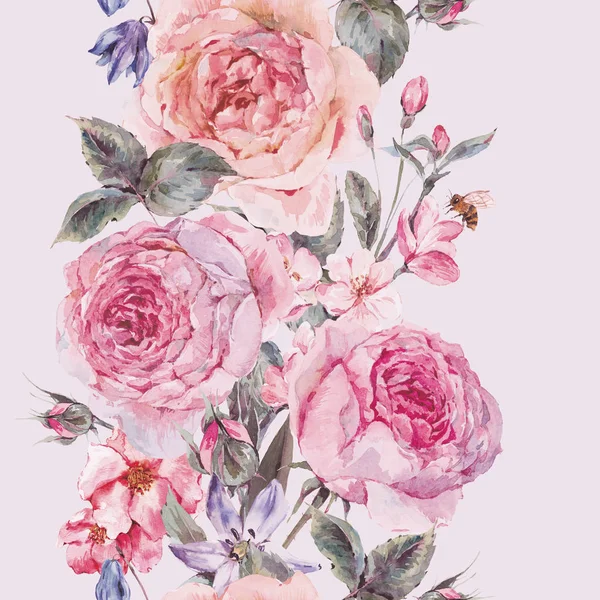 Watercolor spring seamless border with english roses — Stock Photo, Image