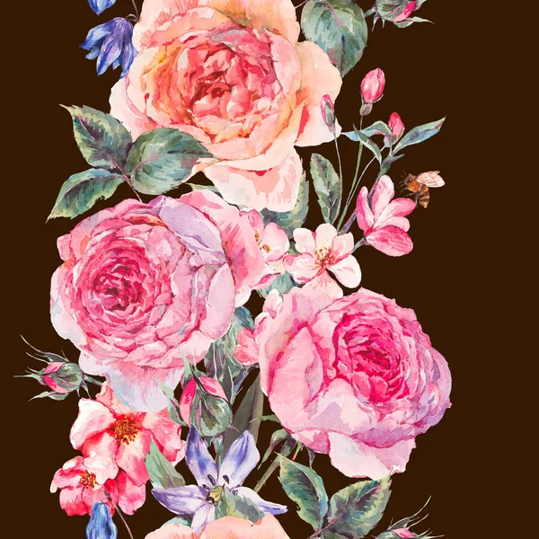 Aquarelle printemps frontière sans couture avec des roses anglaises — Photo