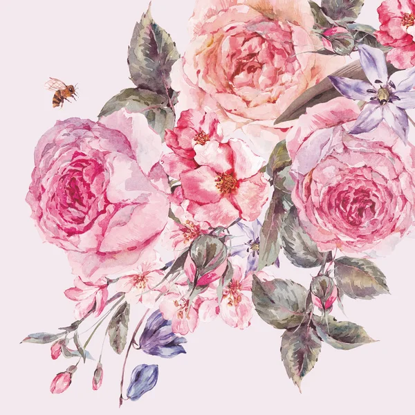盛开的樱花和英语玫瑰水彩画春天花束 — 图库照片