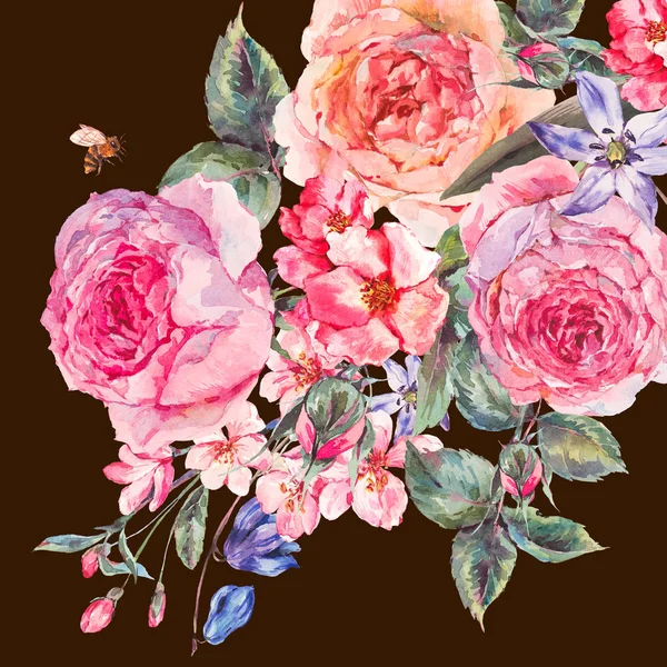 Akvarel na jaře kytice s Kvetoucí třešeň a anglické růže — Stock fotografie