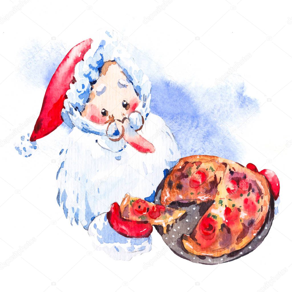 Watercolor funny Santa Claus with pizza