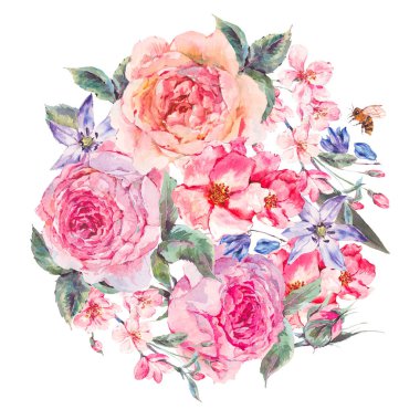 Suluboya bahar buket çiçek kiraz ve İngilizce Güllü