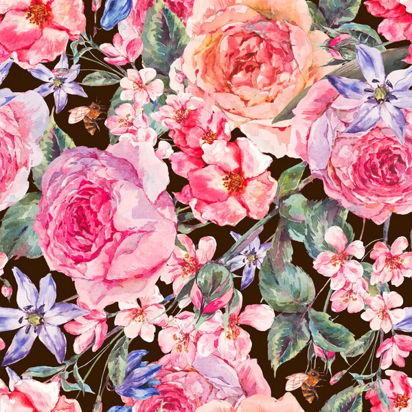 Aquarelle printemps frontière sans couture avec des roses anglaises — Photo