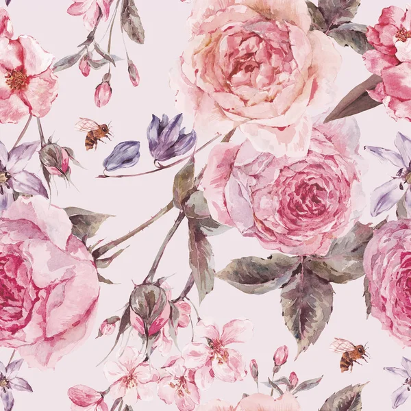 Aquarel voorjaar naadloze grens met Engelse rozen — Stockfoto