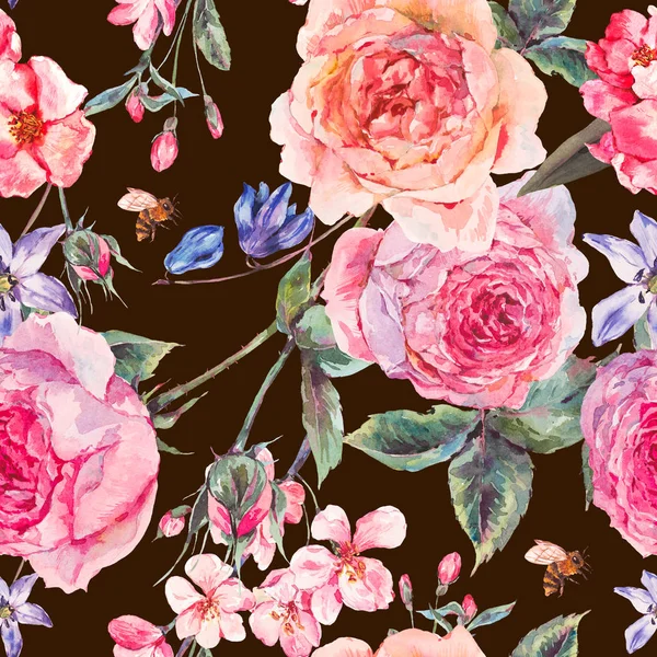 与英国玫瑰水彩画春天无缝边框 — 图库照片