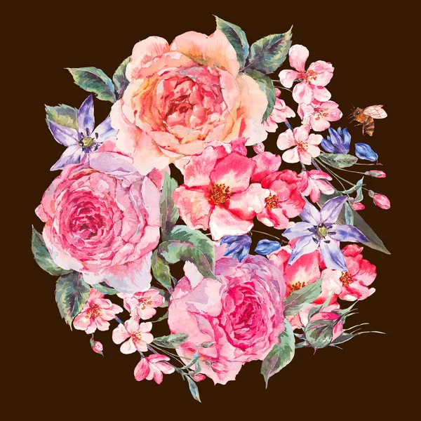 Wiosną akwarela bukiet z róż kwitnienie wiśni i angielski — Zdjęcie stockowe