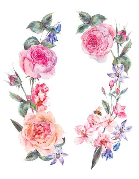 Watercolor spring round wreath with pink roses — Stock Photo, Image