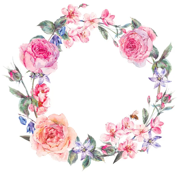 Watercolor spring round wreath with pink roses — Stock Photo, Image