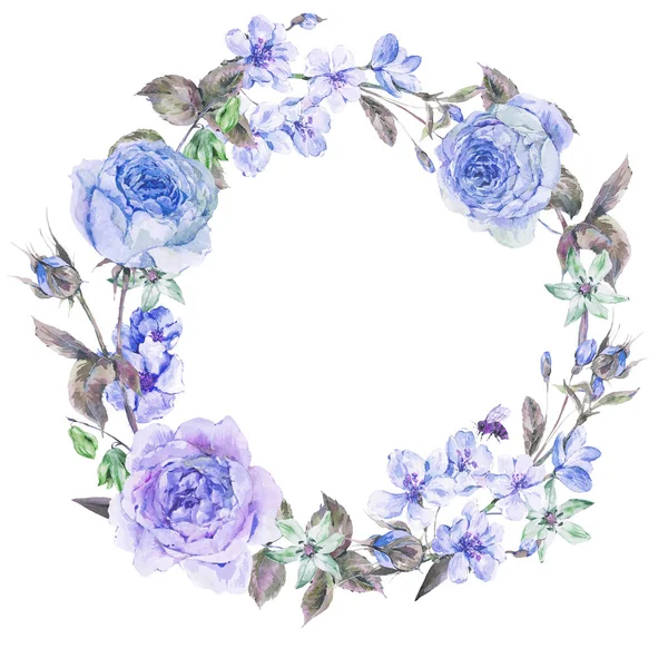 Akvarel na jaře kulatý věnec s modrou růží — Stock fotografie