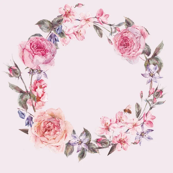 Watercolor spring round wreath with pink roses — Stock Photo, Image