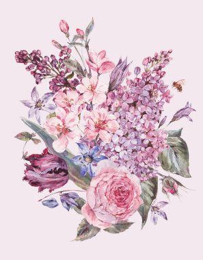 Suluboya bahar buket Pembe çiçek leylak, Lale, gül