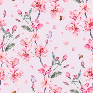 Suluboya bahar çiçek açan dalları ile sorunsuz arka plan