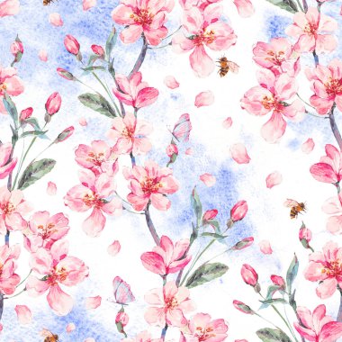 Suluboya bahar çiçek açan dalları ile sorunsuz arka plan