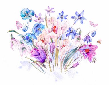 Suluboya bahar buket mavi kır çiçekleri ve kardelen