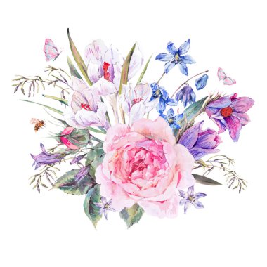 Suluboya bahar buket mavi kır çiçekleri ve kardelen