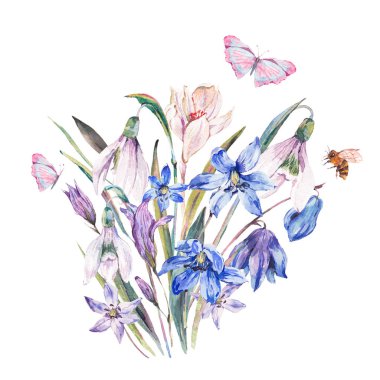 Suluboya bahar buket mavi kır çiçekleri ve kardelen