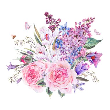 Suluboya bahar buket mavi kır çiçekleri ve kardelen