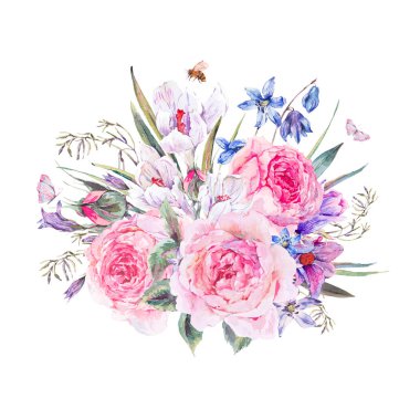 Suluboya bahar buket mavi kır çiçekleri ve kardelen