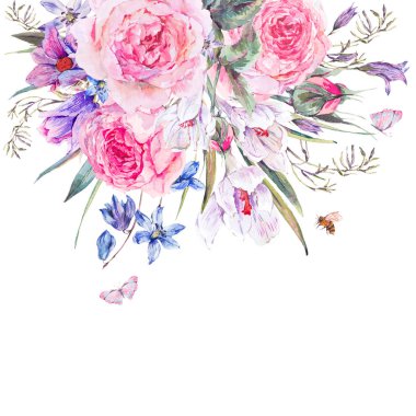 Suluboya bahar buket mavi kır çiçekleri ve kardelen