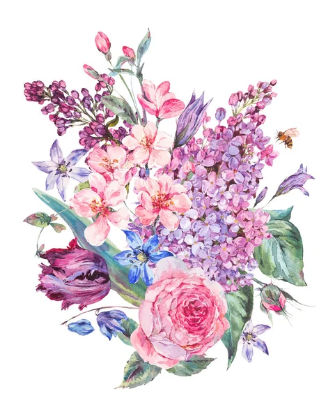 Ακουαρέλα άνοιξη μπουκέτο με ροζ λουλούδια πασχαλιές, τουλίπες, τριαντάφυλλο — Φωτογραφία Αρχείου