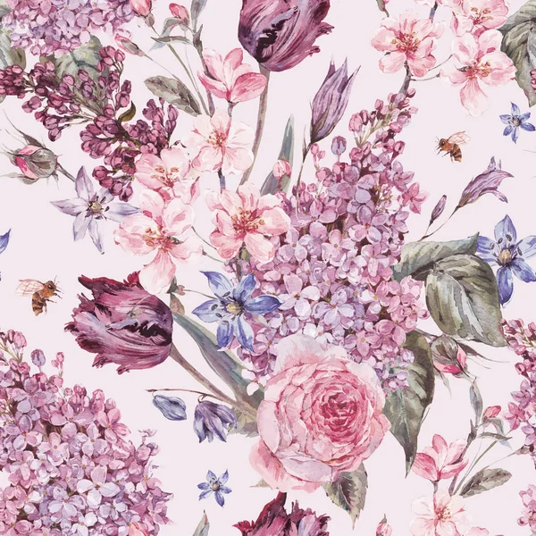 Akvarel na jaře bezešvé pozadí s růžovými květy — Stock fotografie
