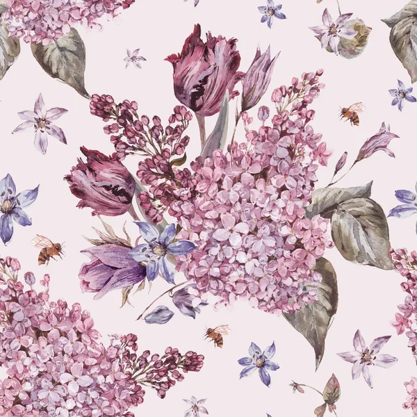 Vintage tuin aquarel paarse bloemen voorjaar naadloze CHTERGRO — Stockfoto