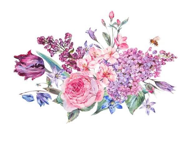 Akvarell våren bukett med rosa blommor syrener, tulpaner, ökade — Stockfoto
