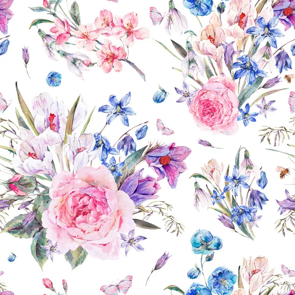 Watercolor spring seamless background with roses — Stock Photo, Image